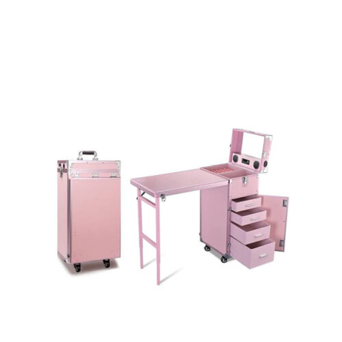 Maleta multifunción con mesa y altavoces rosa